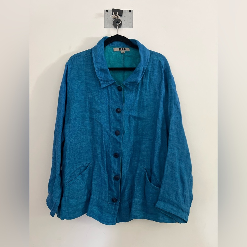FLAX Long Sleeve Bright Blue Button Down Linen Blouse Plus Size 1G Lagenlook